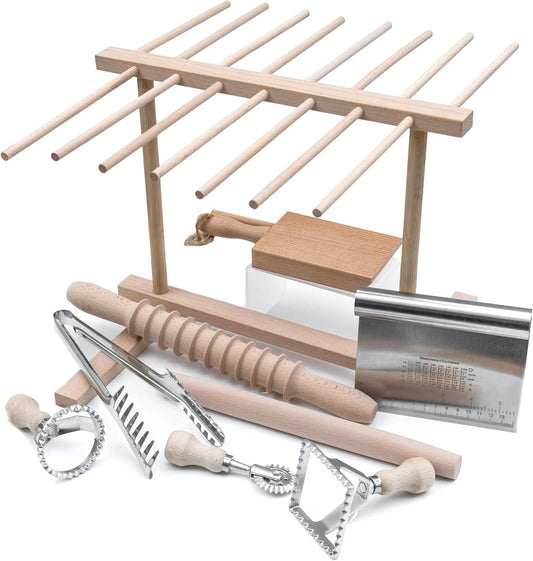 Ultimate 9 Pcs Pasta Making Tool Set Pasta Drying Rack, Pasta Tongs, Two Ravioli Stamp Maker Cutter And Roller Wheel Set, Two Pasta Rolling Pins, Gnocchi Board and Scraper By Cotswold Homeware Co