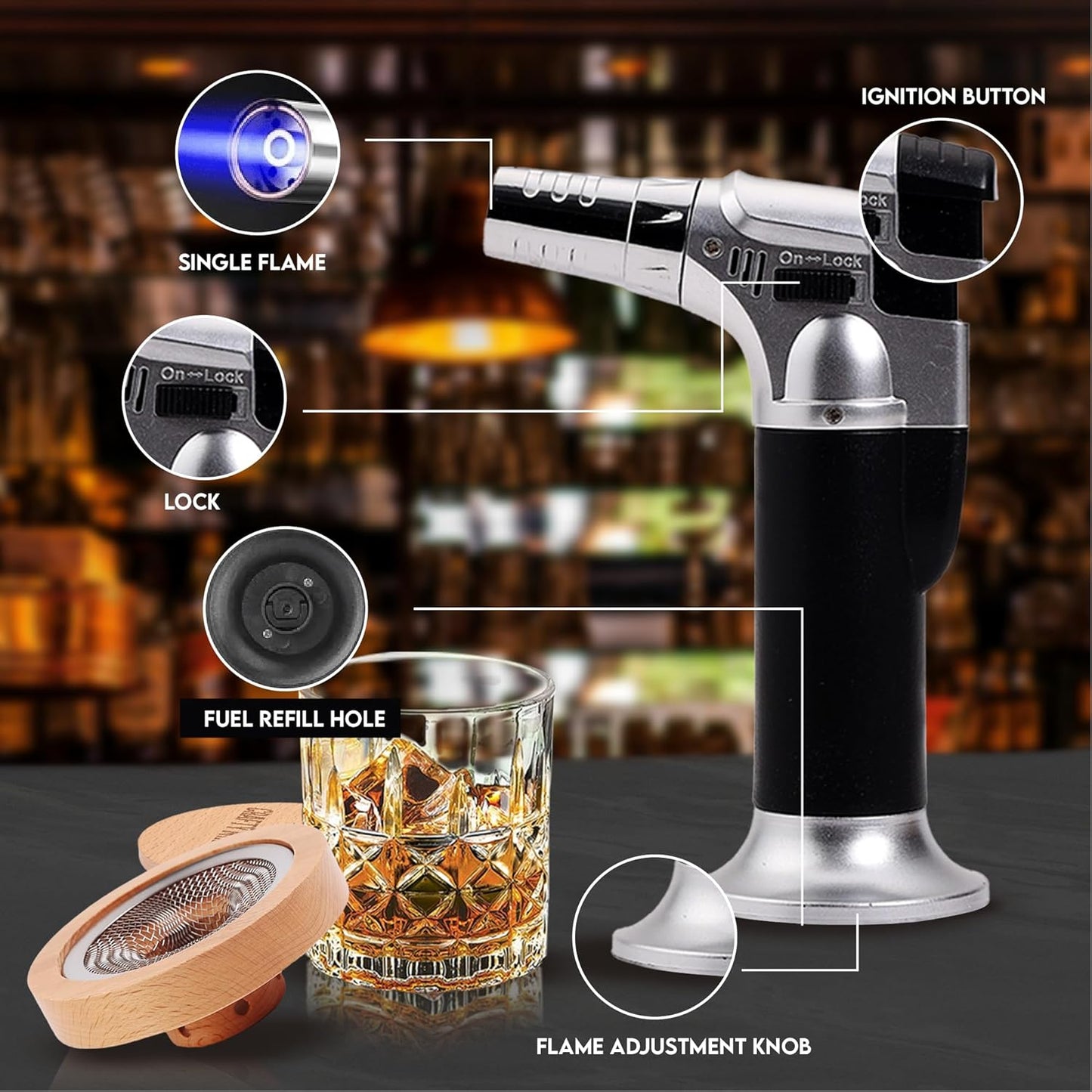 Whiskey Smoker Kit with Torch – 6 Wood Chip Flavors & 2 Glasses – Cocktail Smoker Infuser Set for Old Fashioned and Bourbon– Birthday Gifts for Men, Dad, Husband and Boyfriend(Butane Not Included)