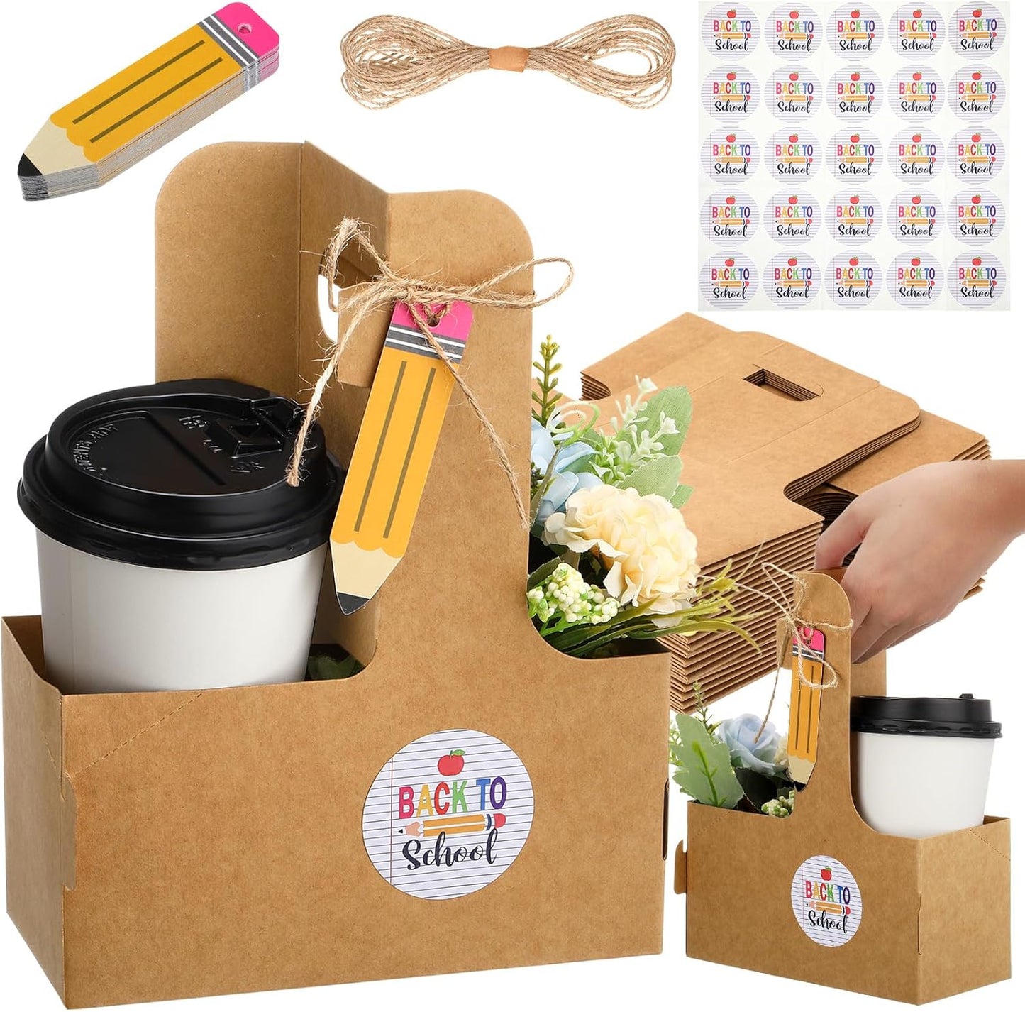 TaoBary 25 Set 2 Cup Drink Carrier with Handle Portable Foldable Tray Drink Holder Disposable Cardboard Coffee Cup Holder for Hot/Cold Drinks with Pencil Gift Tag, Back to School Stick Teacher Gift