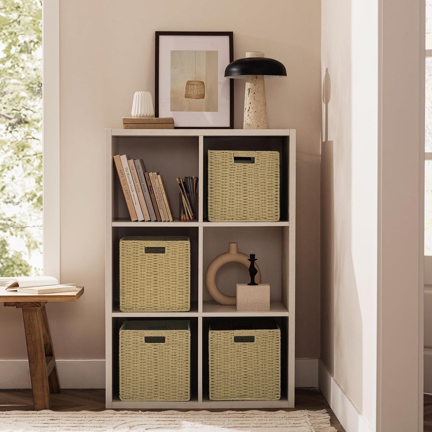 UBBCARE 3 Pack Wicker Basket, 11L×11H×10.5W inch Woven Paper Rope Storage Baskets for shelves, Foldable Cube Storage bin with Handle, Storage Basket for Organizing & Decor, Natural