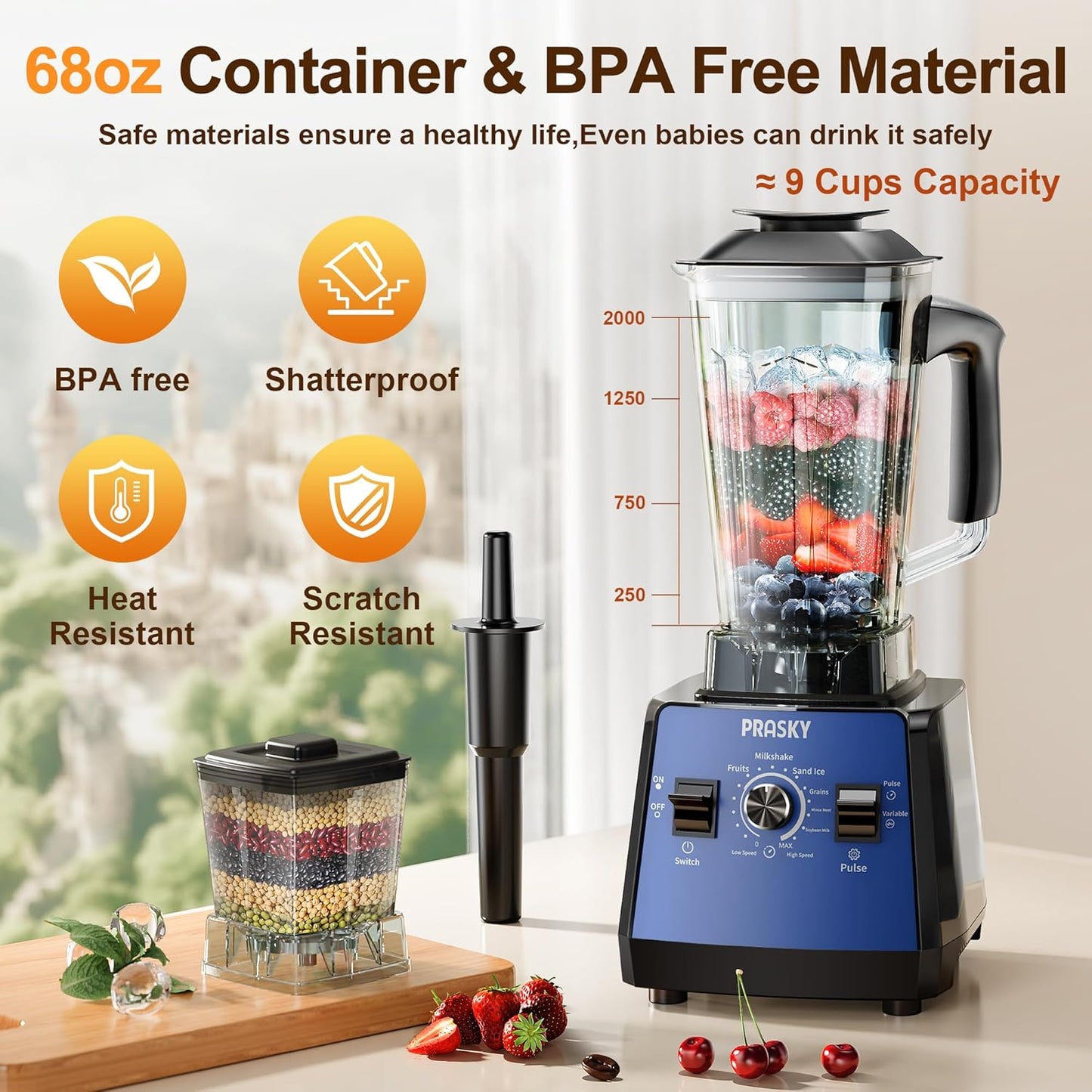 Blenders for Kitchen, Blenders for Smoothies, Blender and Grinder Combo1000W Powerful 25000RPM Professional Blender BPA Free 68oz Countertop Blenders for Baby Food,Ice, Juice, Shakes-Blue