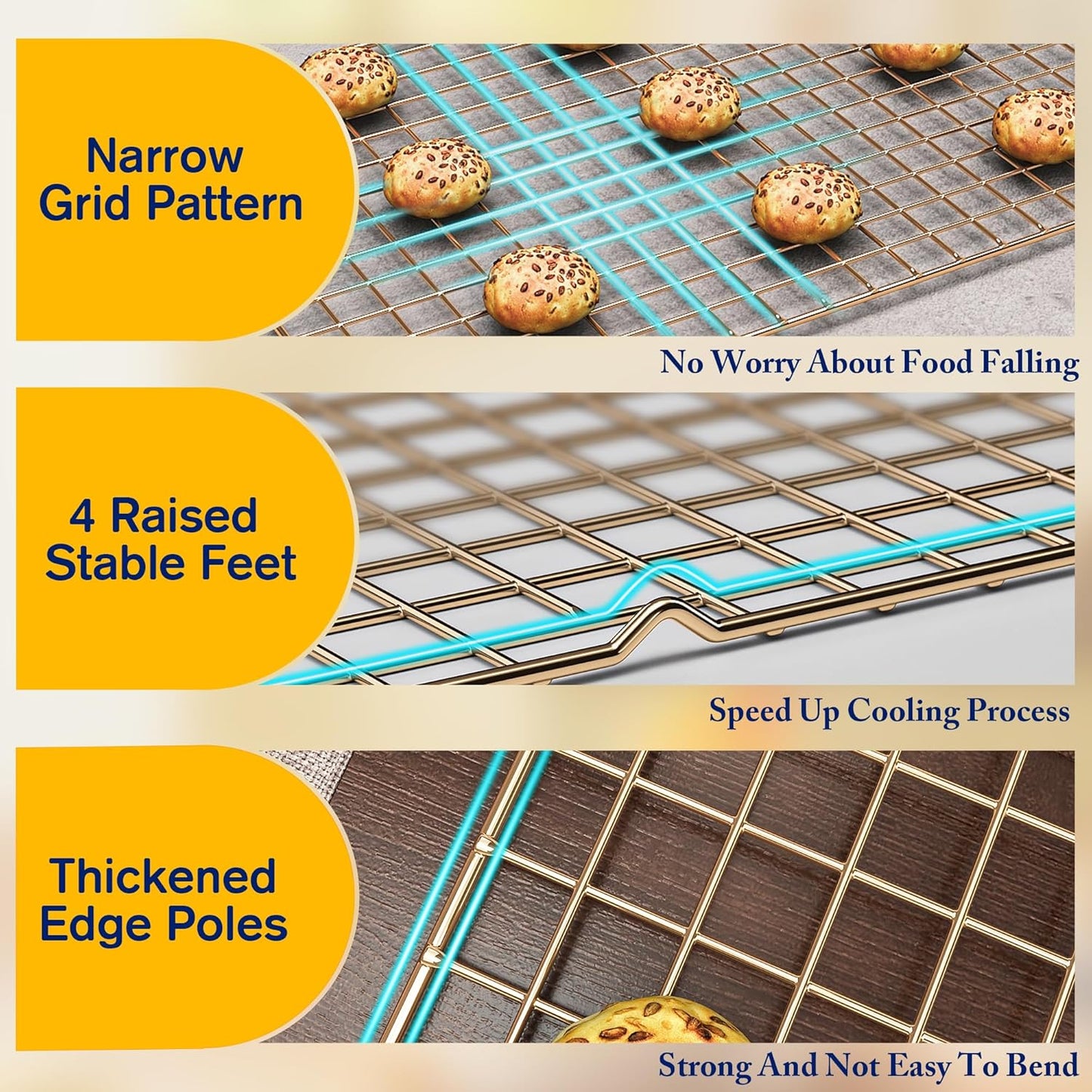 2-Pack Cooling Racks for Cooking and Baking - 10" x 15"Heavy Duty Stainless Steel Wire Rack for Baking, Grilling, Roasting - Oven & Dishwasher Safe - Fits Jelly Roll Sheet Pan（Gold）