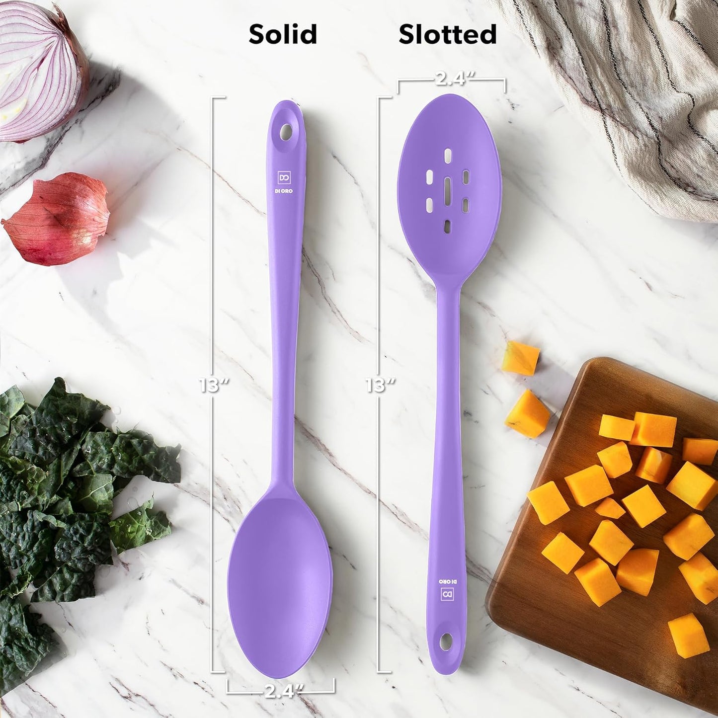DI ORO Silicone Spoons for Cooking - Large Kitchen Spoons for Mixing, Serving & Stirring - 600°F Heat-Resistant Non Stick Utensils – Big Solid & Slotted Basting Spoon - Dishwasher Safe (2pc, Lavender)