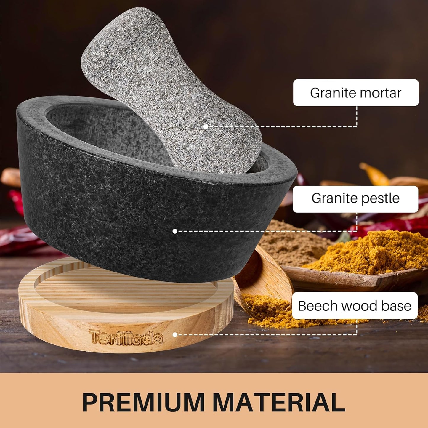 Tortillada – 6-inch Mortar and Pestle Set Large Made of Natural Granite with Anti-Scratch Wood Base Granite Spice Herb Grinder Pill Crusher with 50 Recipes, Black