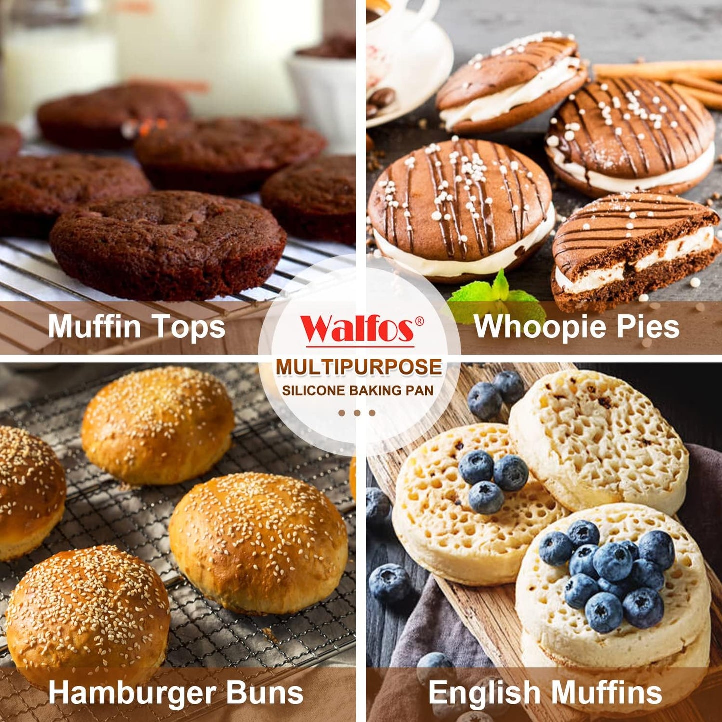 Walfos Silicone Muffin Top Pan Set, Non-Stick Whoopie Pie Baking Pans, Food Grade & BPA Free, Great for Muffin Tops, Whoopie Pies, Egg Muffins, Hamburger Buns and More, Dishwasher Safe, Set of 2