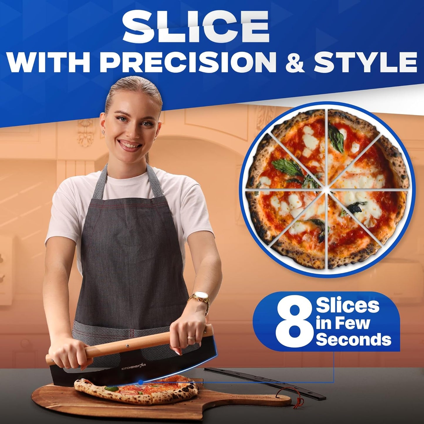 KitchenStar 16-Inch Pizza Cutter Rocker Blade - Razor Sharp Stainless Steel Slicer Knife, Stylish Beech Wood Handle, Protective Cover - Professional Pizza Oven Accessories, Black