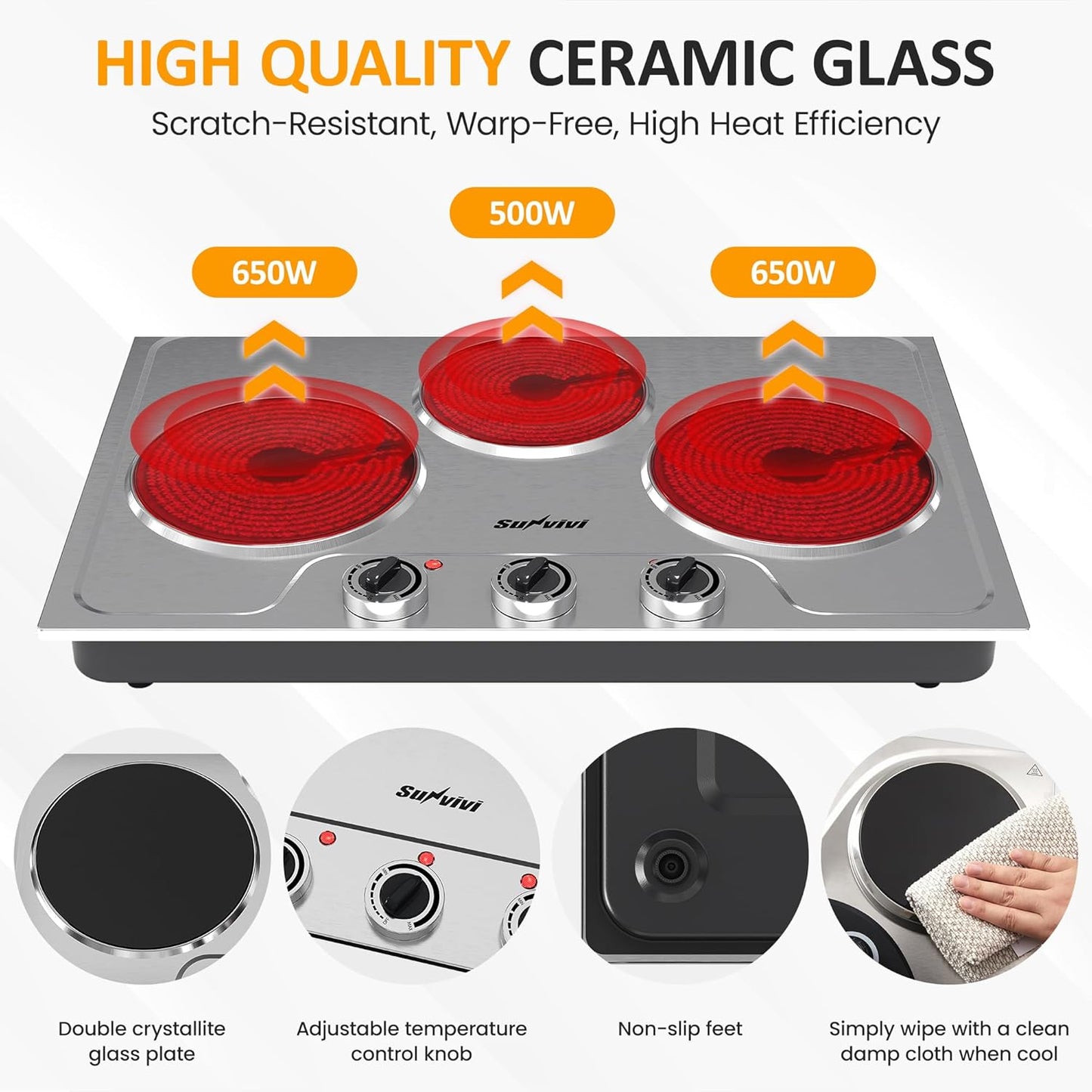 Sunvivi 1800W Triple Burner Portable Electric Ceramic Stove – Knob Control, Indicator Light, Compatible with All Cookware, Ideal for Multiple Cooking Scenarios, Silver