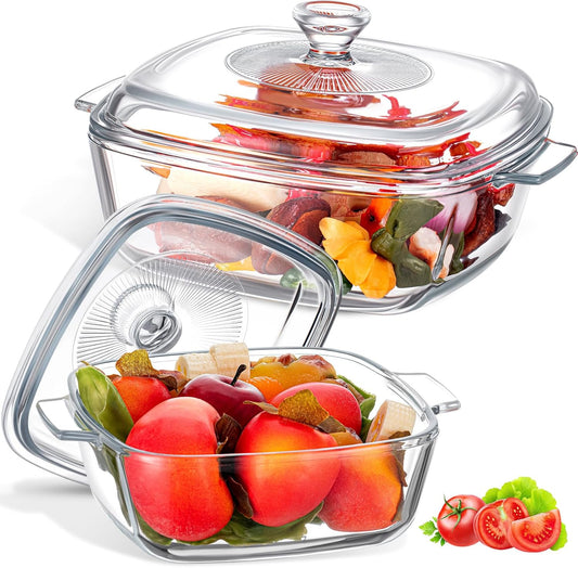 Maxcheck 2 Pieces Glass Casserole Dish with Lid Baking Casserole Dish Covered Cookware Microwave Bowls with Handle for Kitchen Restaurant Home Party Cooking, Oven Safe (Square, 0.8L/ 1.5L)