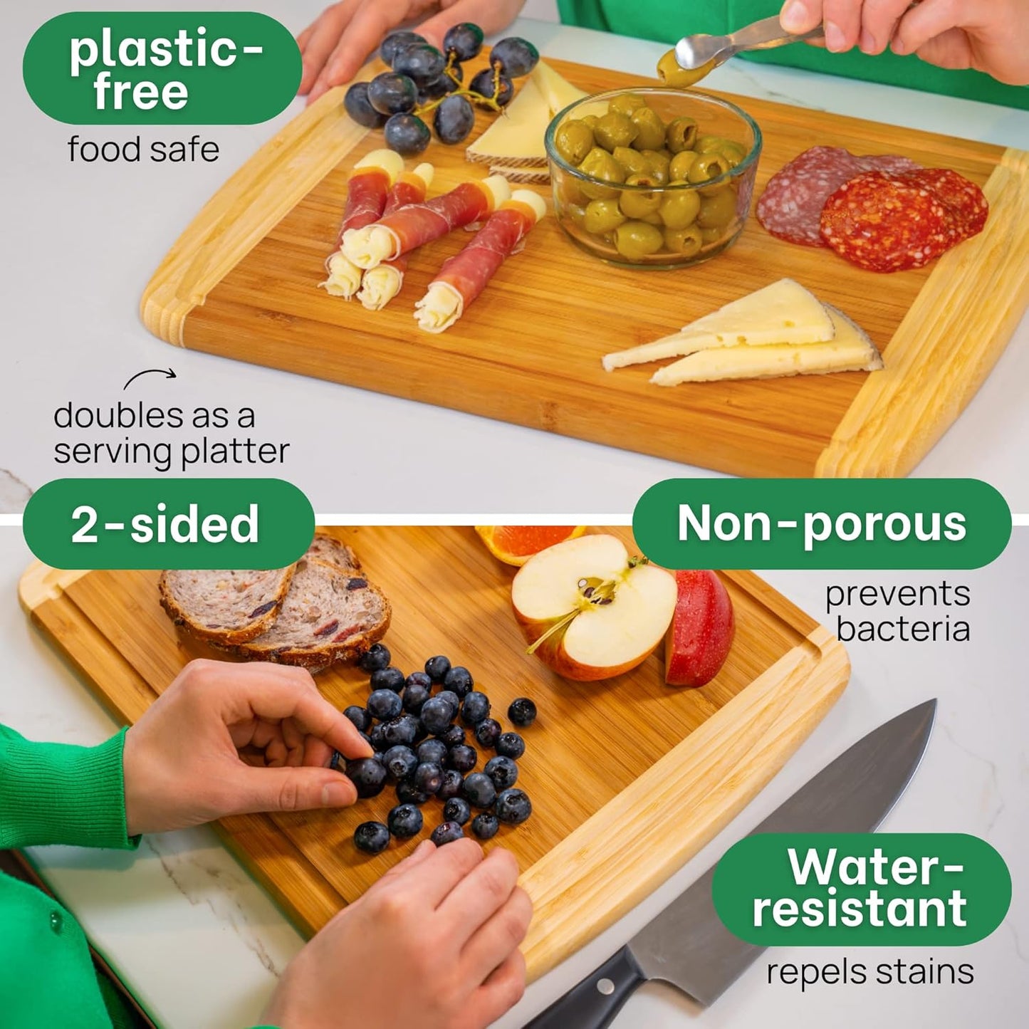 GREENER CHEF 15 Inch Medium Cutting Board with Lifetime Replacements, Bamboo Cutting Boards for Kitchen, Butcher Block, Medium Wooden Chopping Board for Meat, Veggies, Non Toxic Charcuterie Board