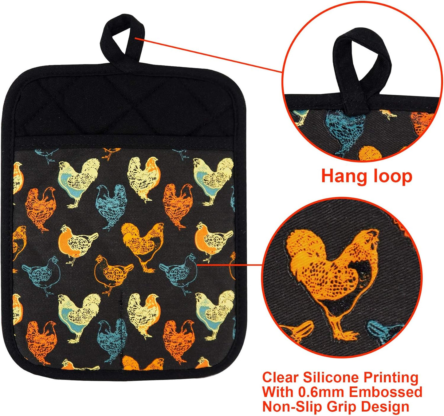 Pot Holders Set of 2 Heat Resistant 480 ℉Non Slip Clear Silicone Printed Comfortable Cotton Lining Kitchen Women Men Cooking Baking Microwave Machine Washable (Rooster, Black Potholders)