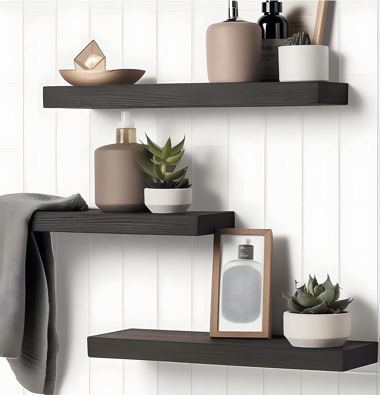 Wood Floating Shelves for Wall, Wooden Wall Shelves for Bedroom, Wall Mounted Shelves for Living Room, Set of 6 Black