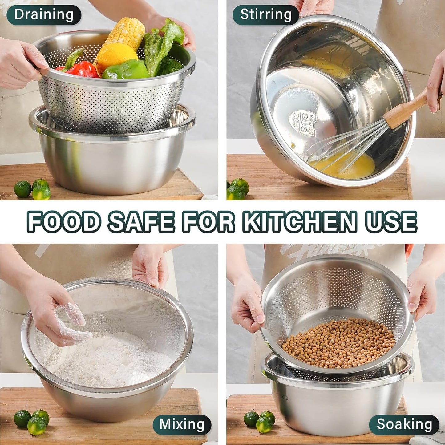 304 Stainless Steel Colander 5QT Microporous Colander & Large Bowl for Kitchen,Rice Strainer with Salad Mixing Bowl for Pasta Straining,Fruit Washing,Vegetable Draining,Food Mixing(2PCs)