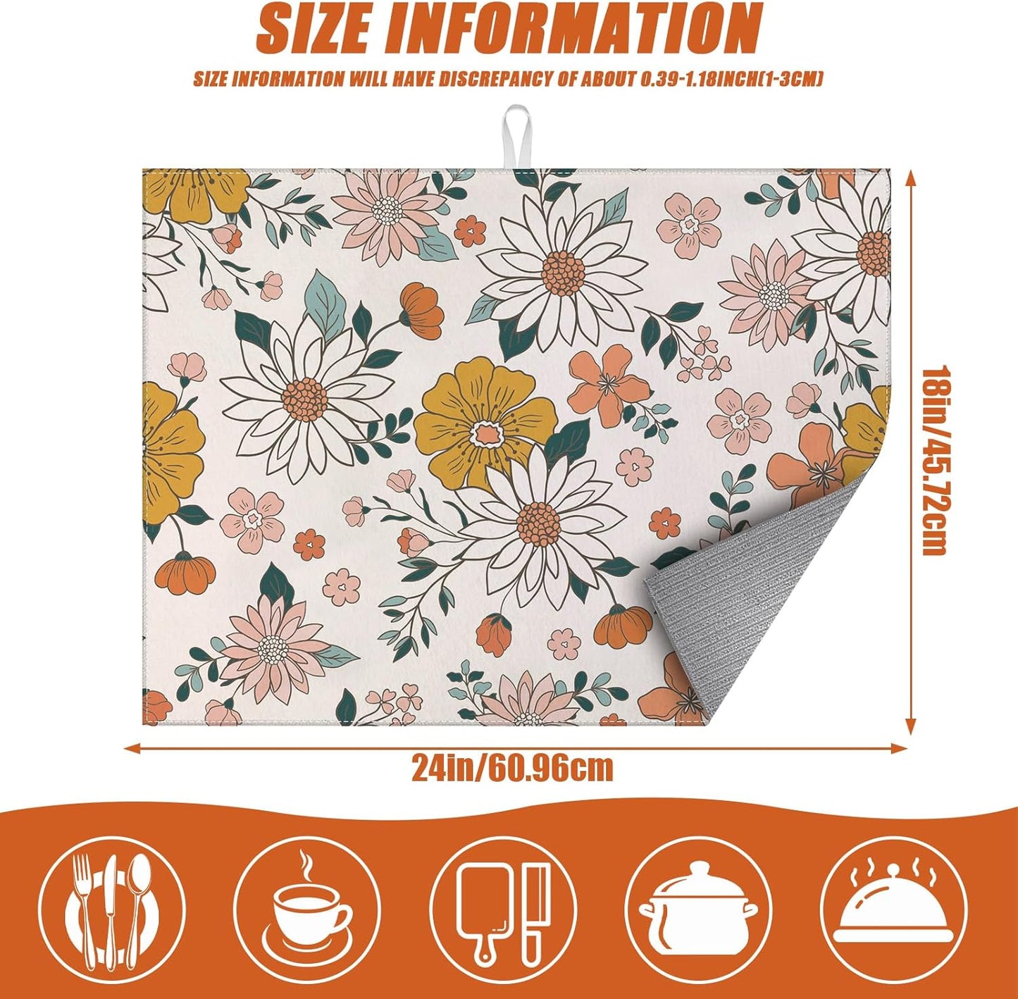 Boho Flower Dish Drying Mat for Kitchen Counter Microfiber Absorbent Dish Kitchen Drying Mat Draining Reusable Washable for Dishes/Utensils/Counterto