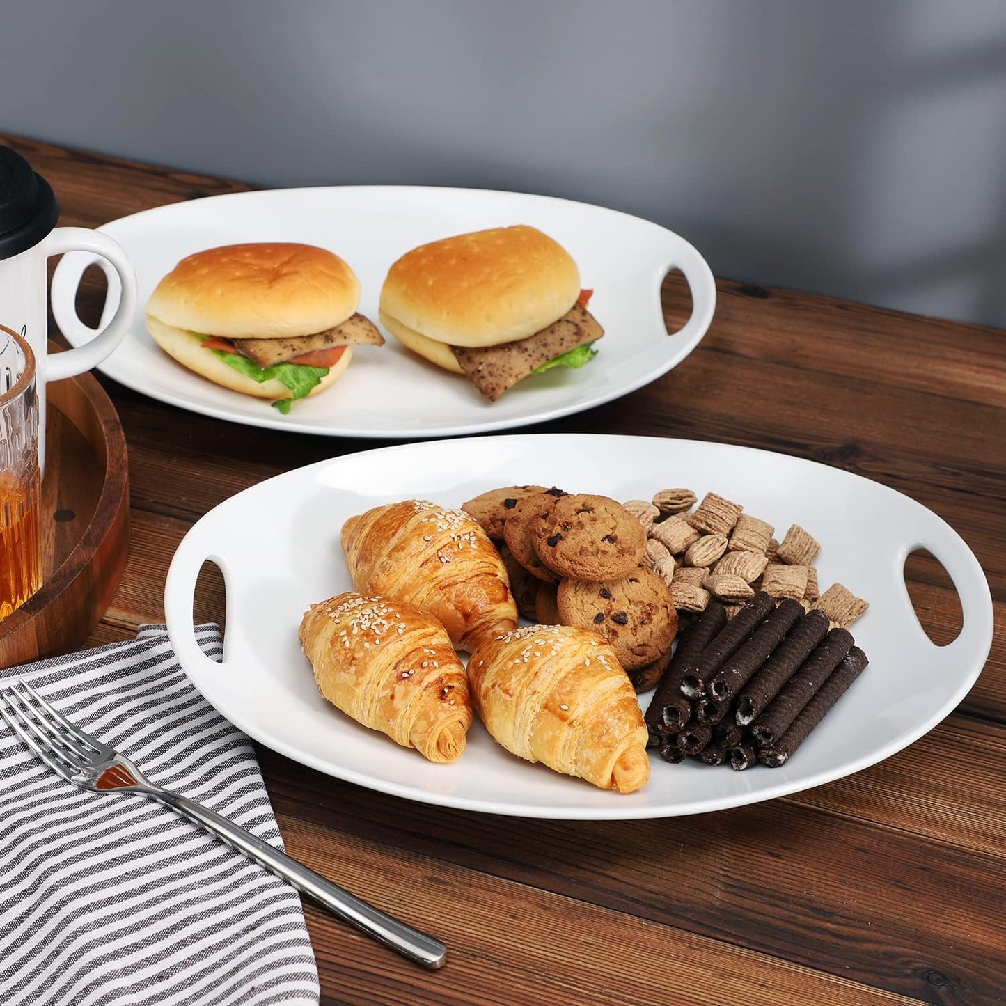 Porcelain Serving Platter with Handles, 14" serving dishes for entertaining, Oval Serving tray for Salad, Stew, Fruits and Pasta, Set of 2, White