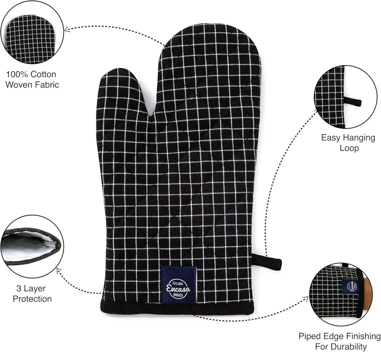 Encasa XO Long 12"x7" Oven Microwave Hand Gloves Mitts (2 pc Set) for Kitchen Cooking & Baking - Heat Resistant, Thick & Safe, Protection of Hands from Hot Utensils - Butcher Checks Black