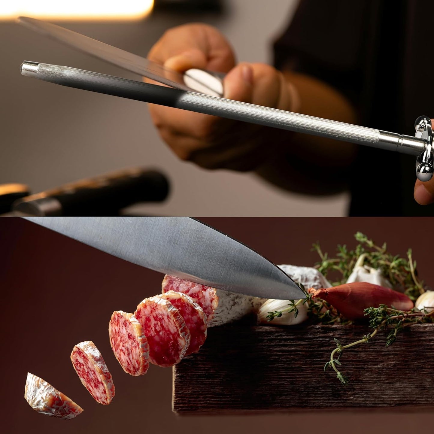 Knife Sharpener Rod, Kitchen Knives Sharpener Carbon Steel Professional Knife Sharpening Steel, Honing Rod with Hanging Holes (13 inches)