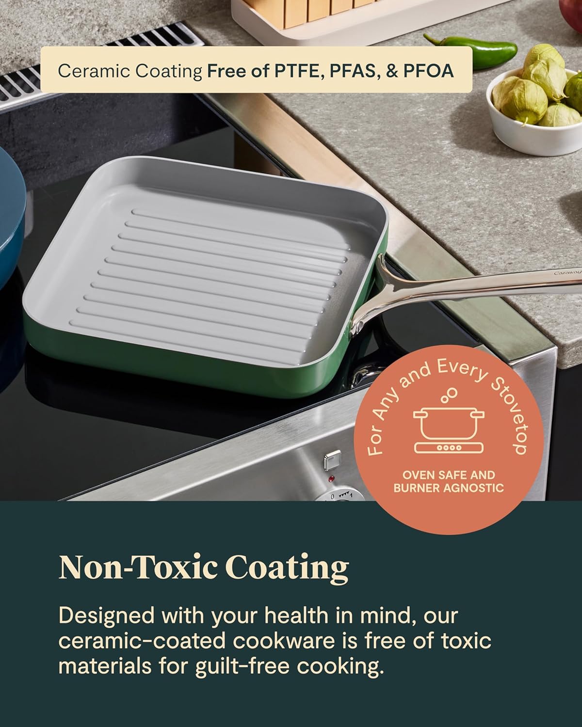 Caraway Square Grill Pan - 11” Grill Pan - Non-Stick Ceramic Coated - Non Toxic, PTFE & PFOA Free - Oven Safe & Compatible with All Stovetops - Marigold