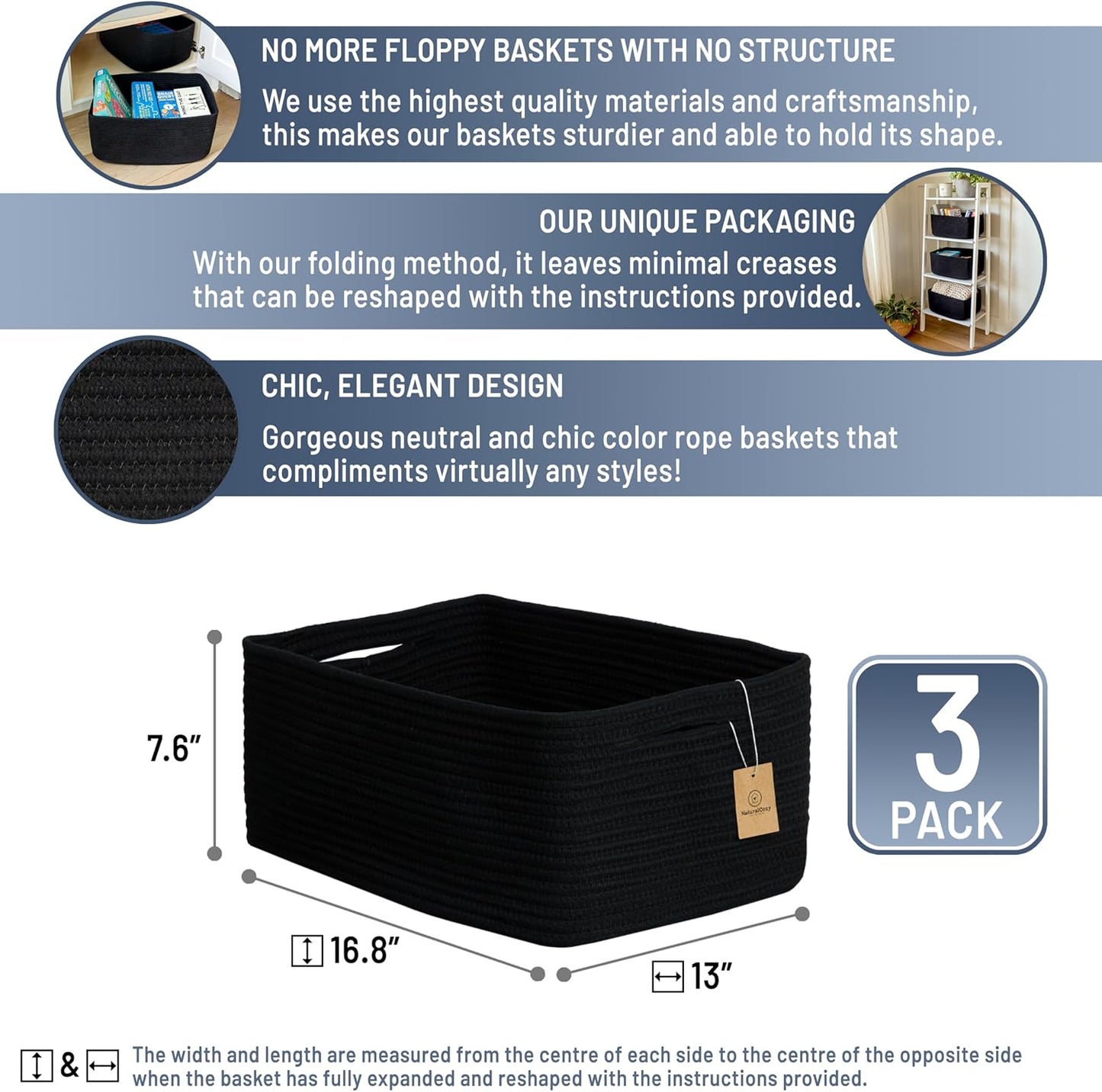 NaturalCozy Storage Baskets 16.8”x13”x7.6” Cotton Rope Woven Baskets for Organizing 3-Pack | Toy Storage Bins | Basket for Shelves, Laundry, Blanket, Clothes, Closet, Kitchen, Bathroom, Gifts