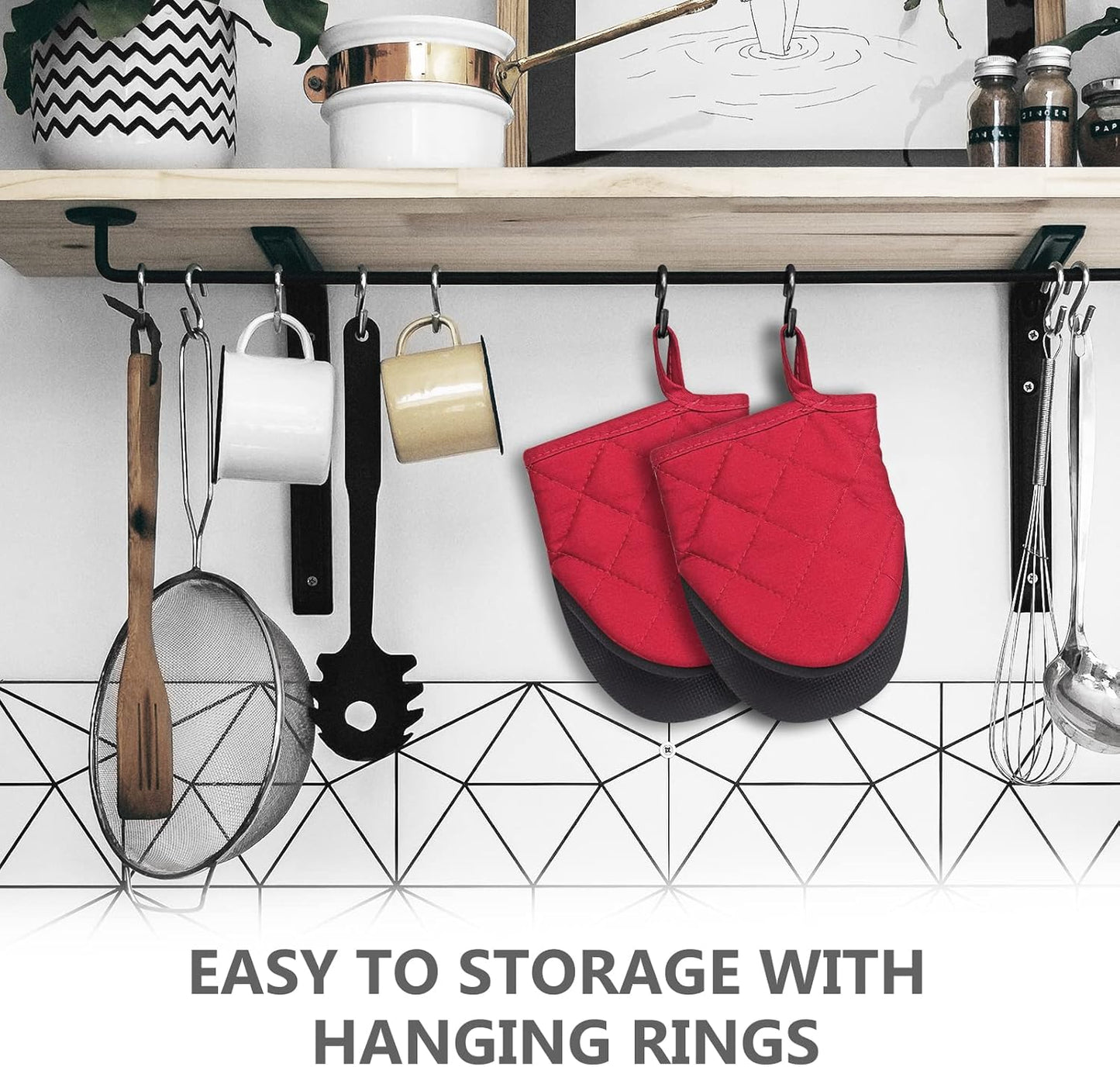 Qulable 1 Pair Short Oven Mitts - Silicone Kitchen Oven Gloves High Heat Resistant 500℉, Mini Oven Mits with Non-Slip Grip Surfaces and Hanging Loop for BBQ, Baking, Cooking and Grilling (Red)