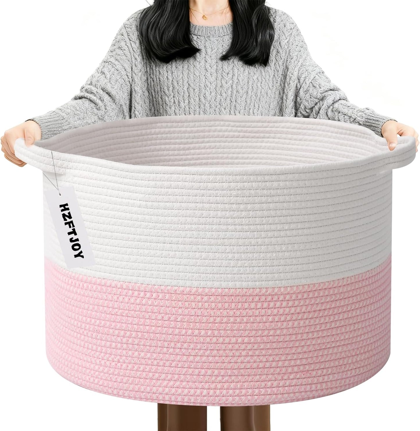 Large Blanket Basket for Organizing,65L Closet Organizers and Storage Bins Box for Shelves Woven Rope Storage Baskets,Living Room,Bedroom,Dorm,Laundry room (White&Pink)