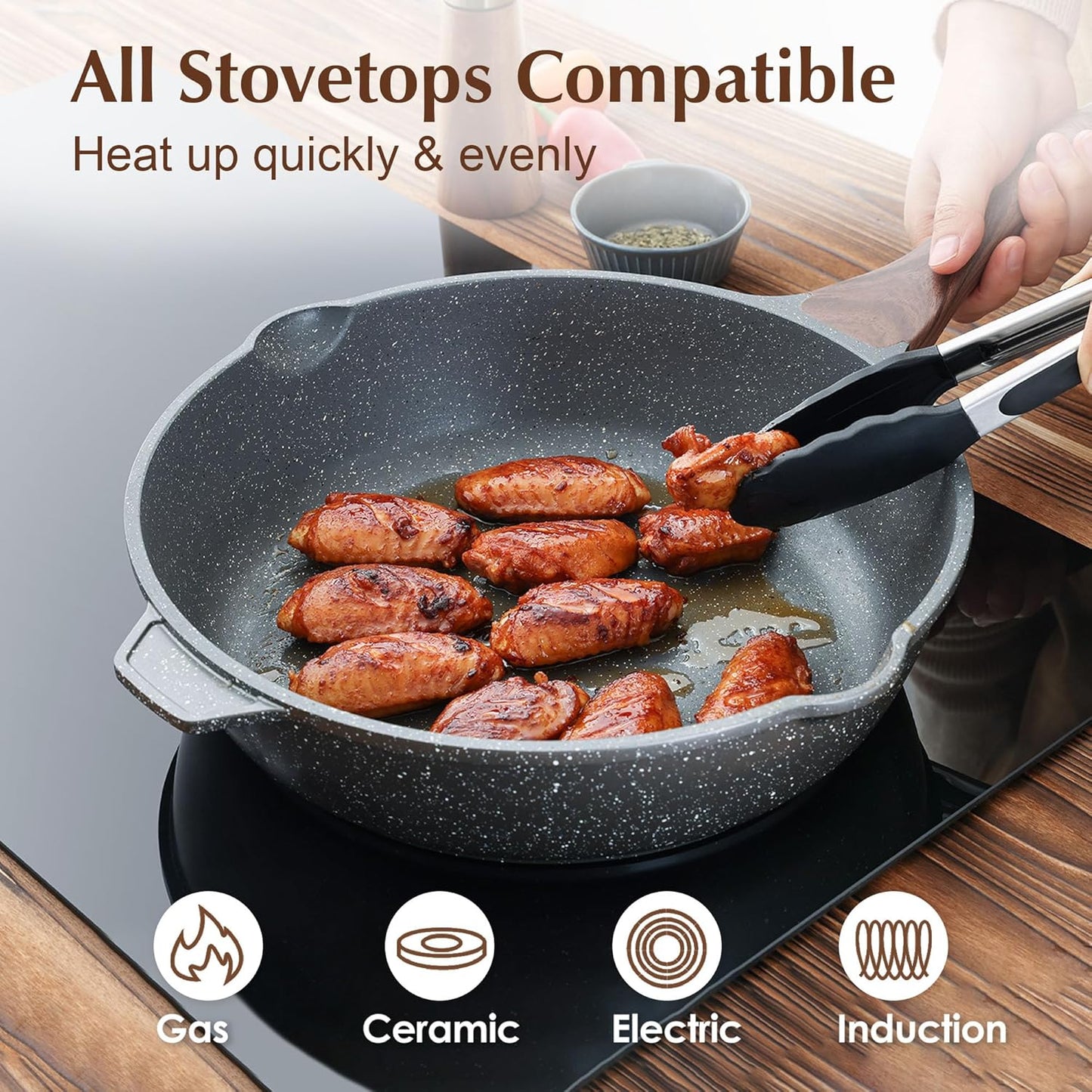 SENSARTE Nonstick Deep Frying Pan Skillet, 11-inch Saute Pan with Lid, Stay-cool Handle, Chef Pan Healthy Stone Cookware Cooking Pan, Induction Compatible