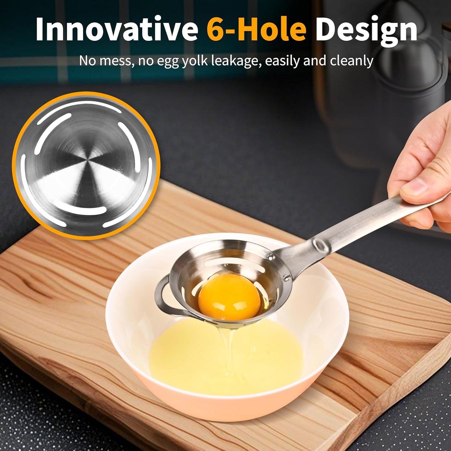 Stainless Steel Egg Yolk White Separator for Raw Eggs,6-Hole Design, Quick Egg Yolk & White Separation, Kitchen Tool for Cooking & Baking