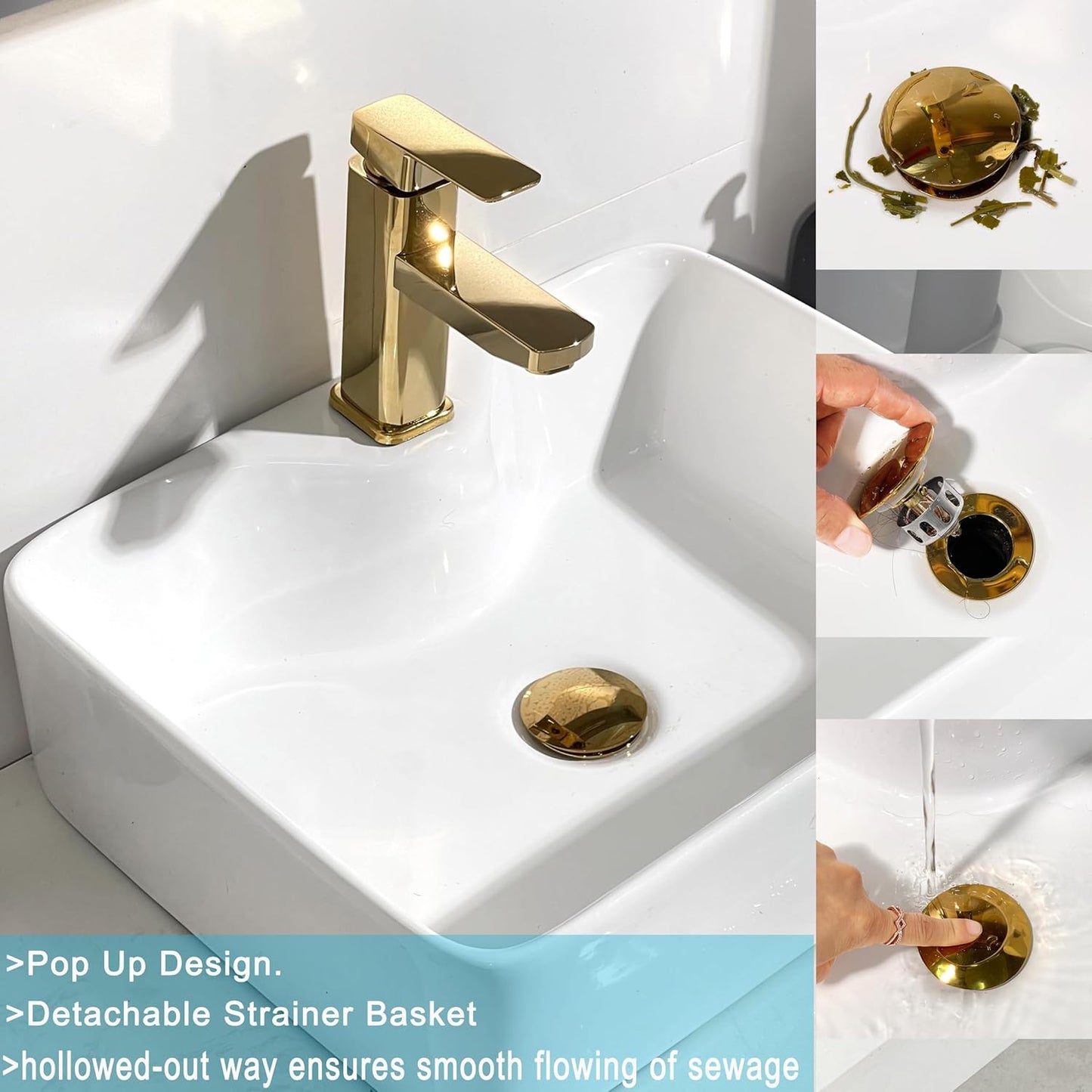 Bathroom Sink Drain, 2 Pack Gold Drain Stopper Bathroom Sink with Overflow, Pop Up Drain Assembly with Detachable Strainer Basket, Built-in Anti-Clogging Strainer,Stainless Steel