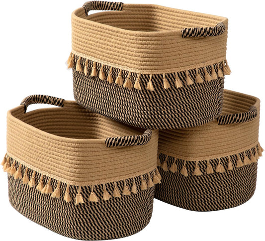 TeoKJ Set of 3 Baskets for Organizing, Decorative Rope Baskets for Storage, Storage for Pets, books, Pillows, Toys & Cloths, Black & Jute