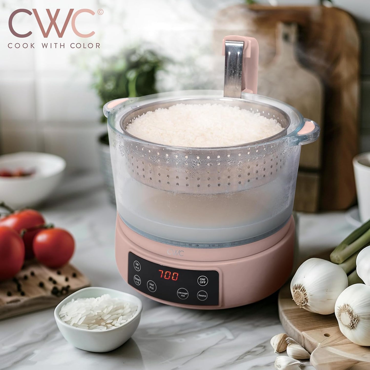 COOK WITH COLOR 3L Glass Low Carb Rice Cooker - Makes 6 Cups Low Sugar Rice with Auto Lift Filter Basket, Hotpot & Steamer for Rice, Grains and Oats, Digital Panel with Keep Warm Function, Blush