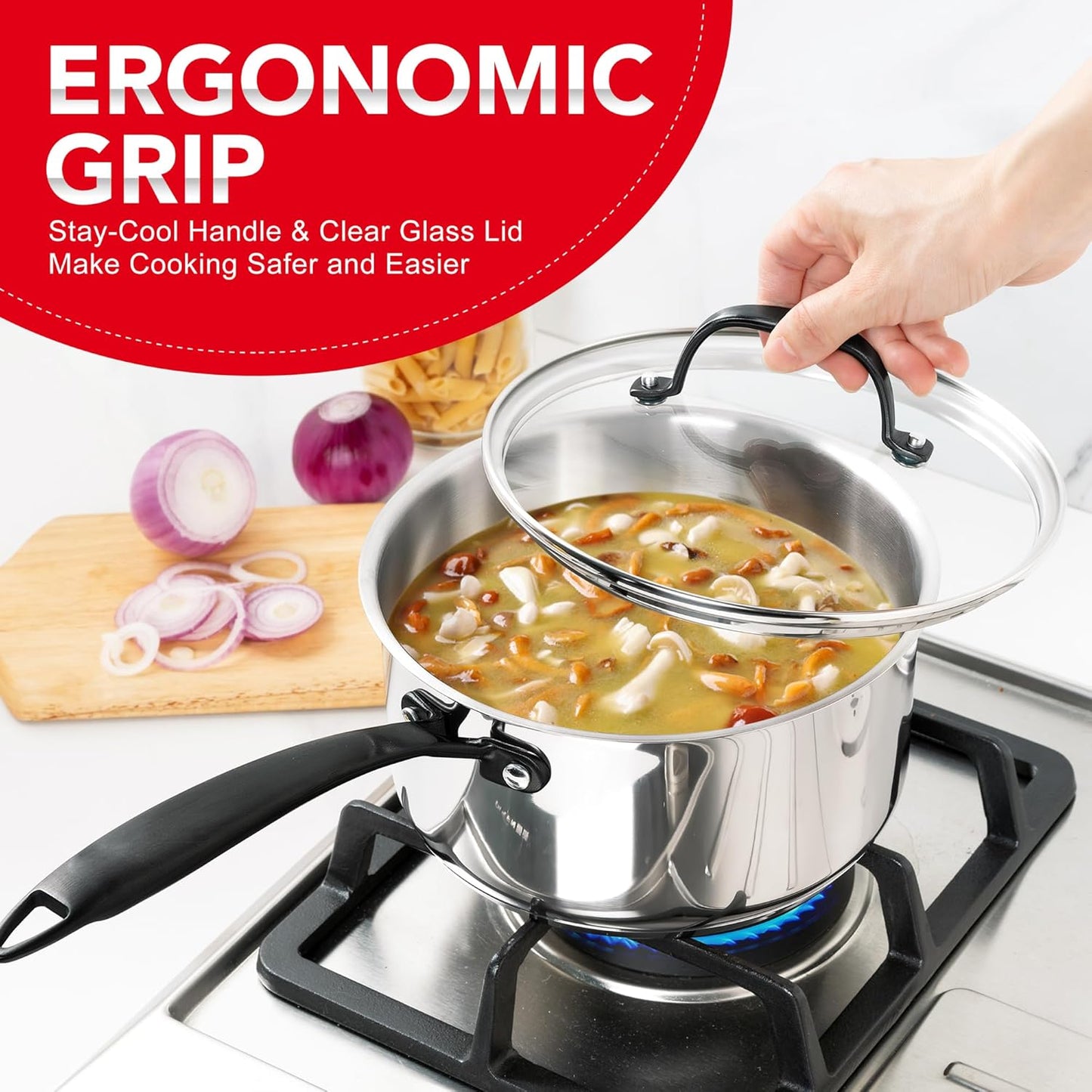 MICHELANGELO Tri-Ply Stainless Steel Saucepan with Lid 6 Pcs, Stainless Steel Sauce Pans with Cool Handle, 6 Pcs Multipurpose Sauce Pots Set for Kitchen Cooking, Induction Compatible, 1QT & 2QT &3QT