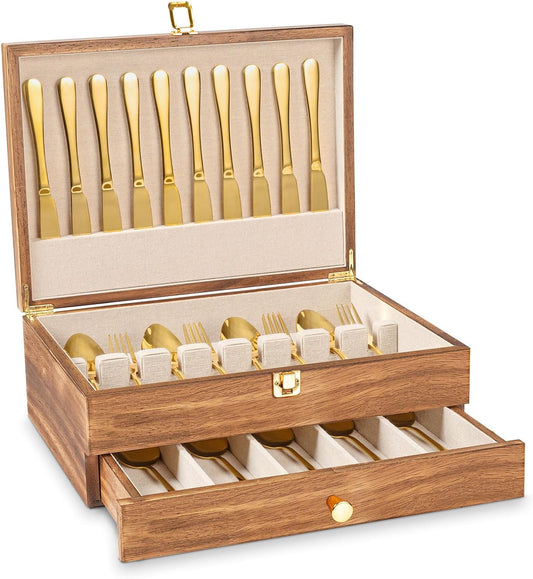 Silverware Storage Box, 2-Layer Flatware Storage Case with Drawer, Wooden Silverware Chest with Linen Liner, Rustic Silverware Case for Storing Fine Flatware and Utensils (Brown)
