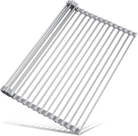 Tomorotec 17.7" x 12.5" Roll Up Dish Drying Rack Over Sink Drying Rack Sink Cover Kitchen Sink Accessories Gadget Multipurpose Organizer Foldable Stainless Steel Drainer