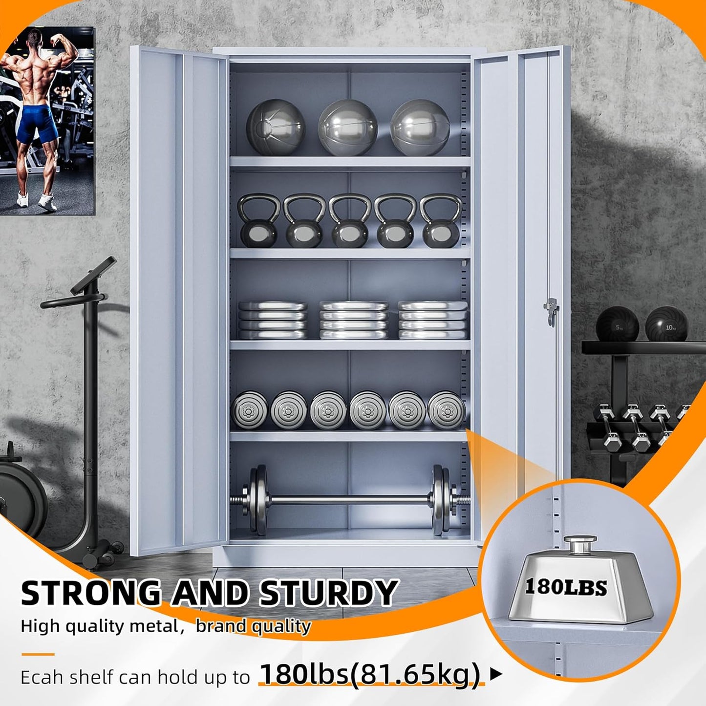 INTERGREAT Metal Storage Cabinets 72” Cement Grey Garage Steel Storage Cabinet with Doors and Shelves, Steel File Cabinet for Home Office, Basement, Warehouse, Classroom（Anti Tipping）