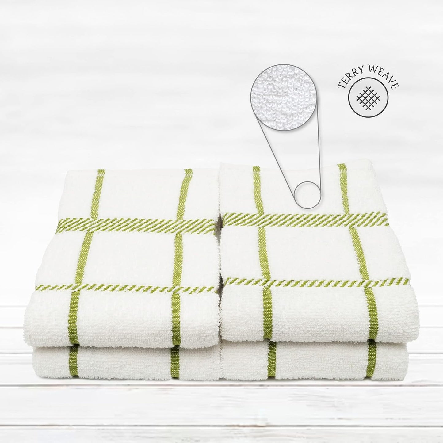100% Cotton Terry Dish Towels, 4 Pack Checks, 16 x26 Inches, Super Soft and Absorbent Kitchen Towels, Perfect for Kitchen Cleaning and Dish Washing | Green