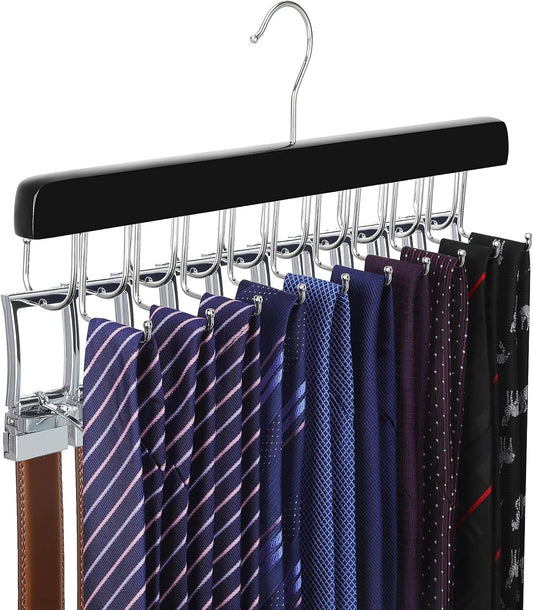 TOPIA HANGER 20 Hooks 2 in 1 Belt Tie Hanger for Closet Max 30 Belts with 30 Ties Capacity, Belt Tie Racks Wooden Hanger for Closet Organizer Storage “U” Fit for Belt and “一” Fit for Tie - CT47B