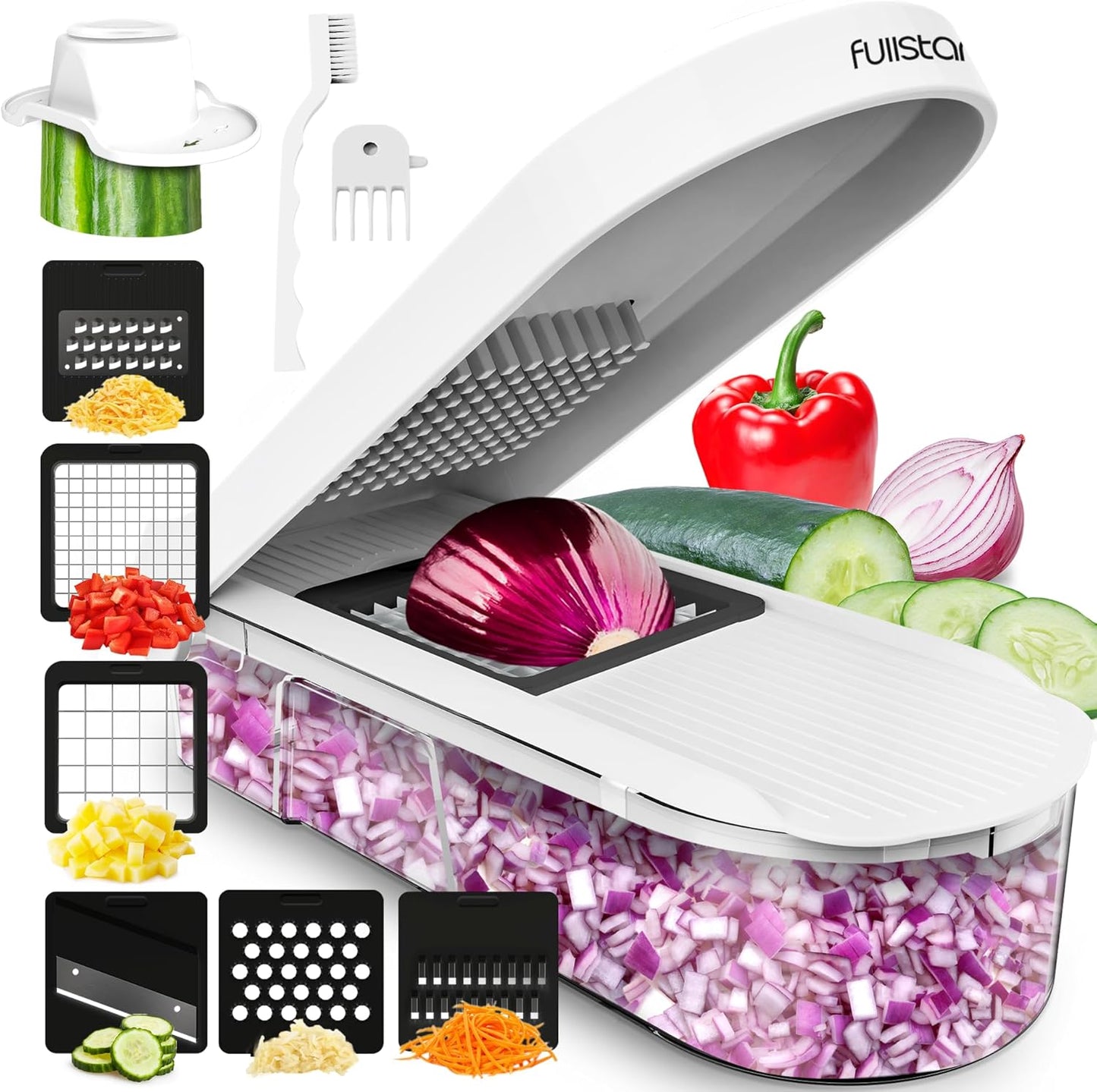 Fullstar Mandoline Slicer for Kitchen - Vegetable Chopper, Onion Potato Food Veggie Fruit Slicer and Cutter with Container, Kitchen Gadgets & Accessories, Home Essentials (6-in-1, Full White)