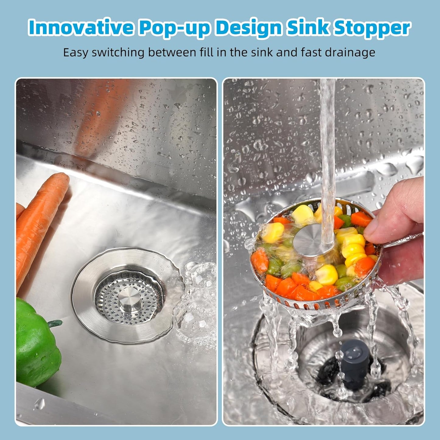 Hibbent All Metal Stainless Steel 3 in 1 Kitchen Sink Drain Strainer, Upgraded Anti-Rust Sink Stop Combo, Anti-Clogging Stainless Steel Basket Strainer with Metal Handle for US Standard 3-1/2" Drain