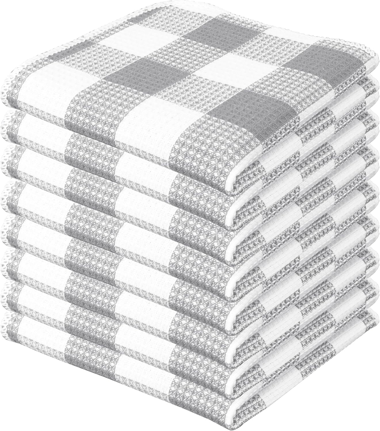 PurpleEssences Waffle Weave Plaid Dish Cloths, 100% Cotton - 12 x 12 Inches, Ultra Soft Absorbent Quick Drying Dish Towels Buffalo Check Dish Rags for Kitchen, 8 Pack - Spring Summer - Grey & White