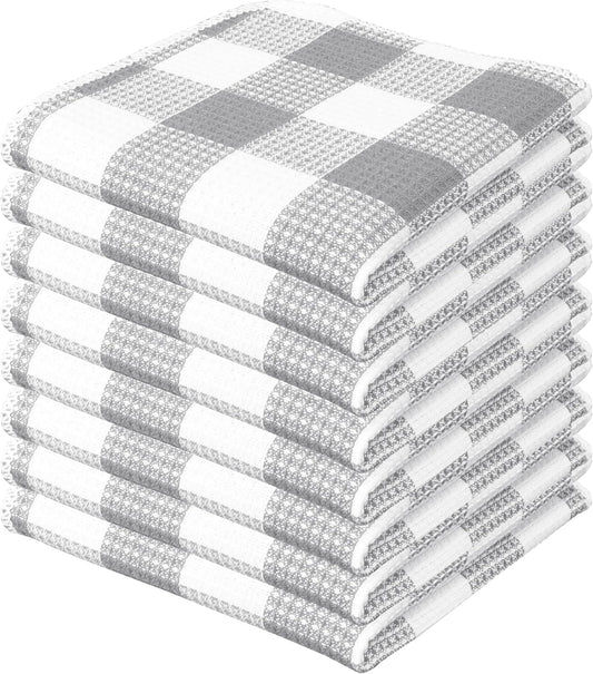 PurpleEssences Waffle Weave Plaid Dish Cloths, 100% Cotton - 12 x 12 Inches, Ultra Soft Absorbent Quick Drying Dish Towels Buffalo Check Dish Rags for Kitchen, 8 Pack - Spring Summer - Grey & White