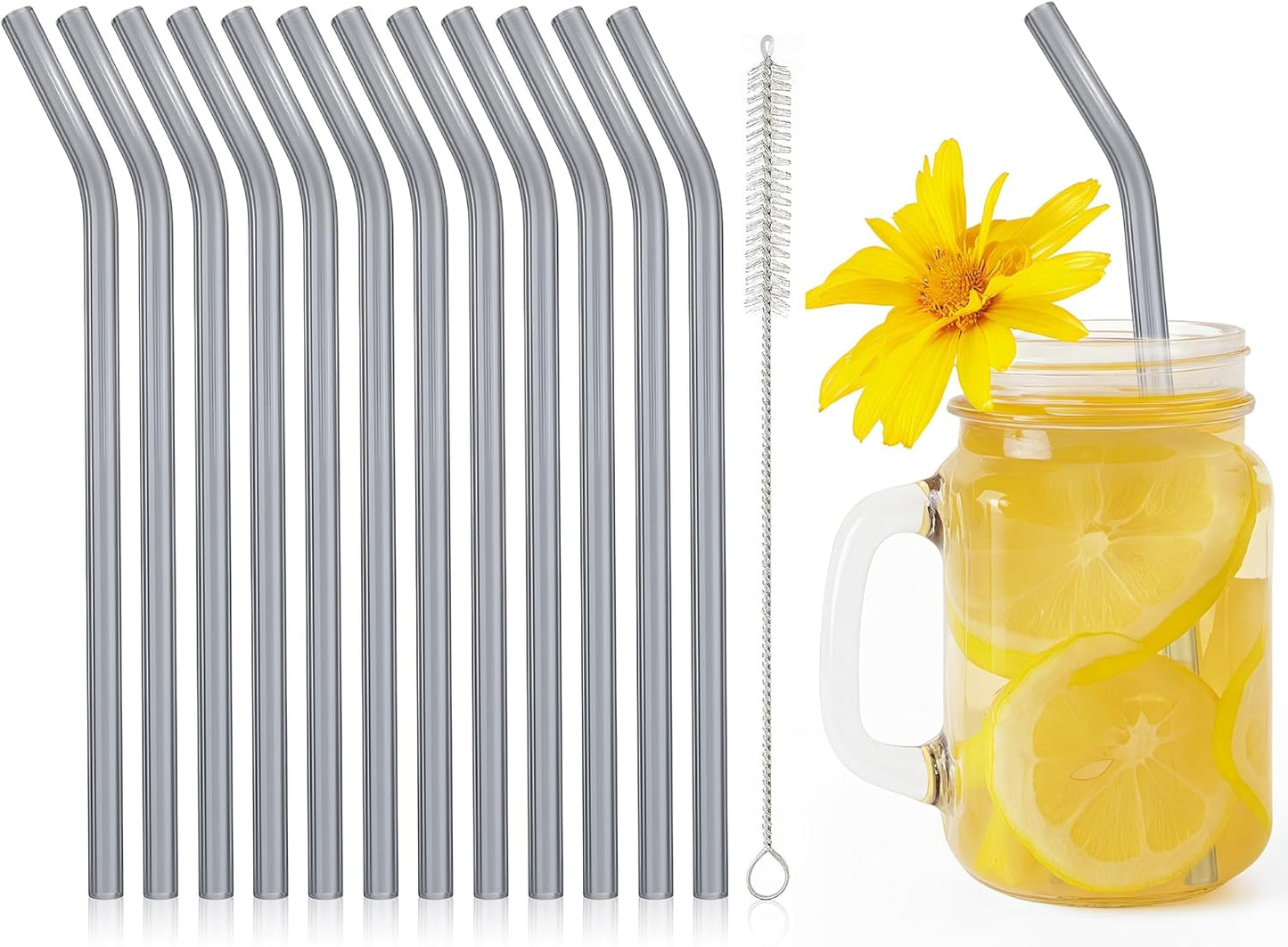 12 Pcs Reusable Glass Straws 8"x 8 mm Bent Glass Drinking Straws with Cleaning Brush for Tea, Smoothies, Milkshakes, Juices,Beverages(smoky gray)