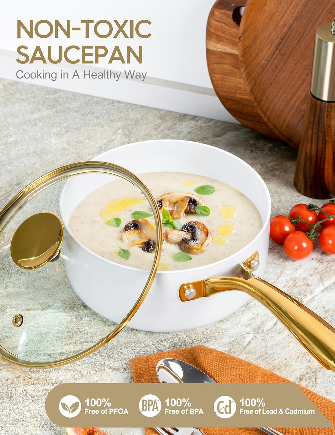 MICHELANGELO 3 Quart Saucepan with Lid, Non-Toxic Ceramic Sauce Pan with Ergonomic Handle, Nonstick 3 Qt Small Pot, Induction-Compatible, White