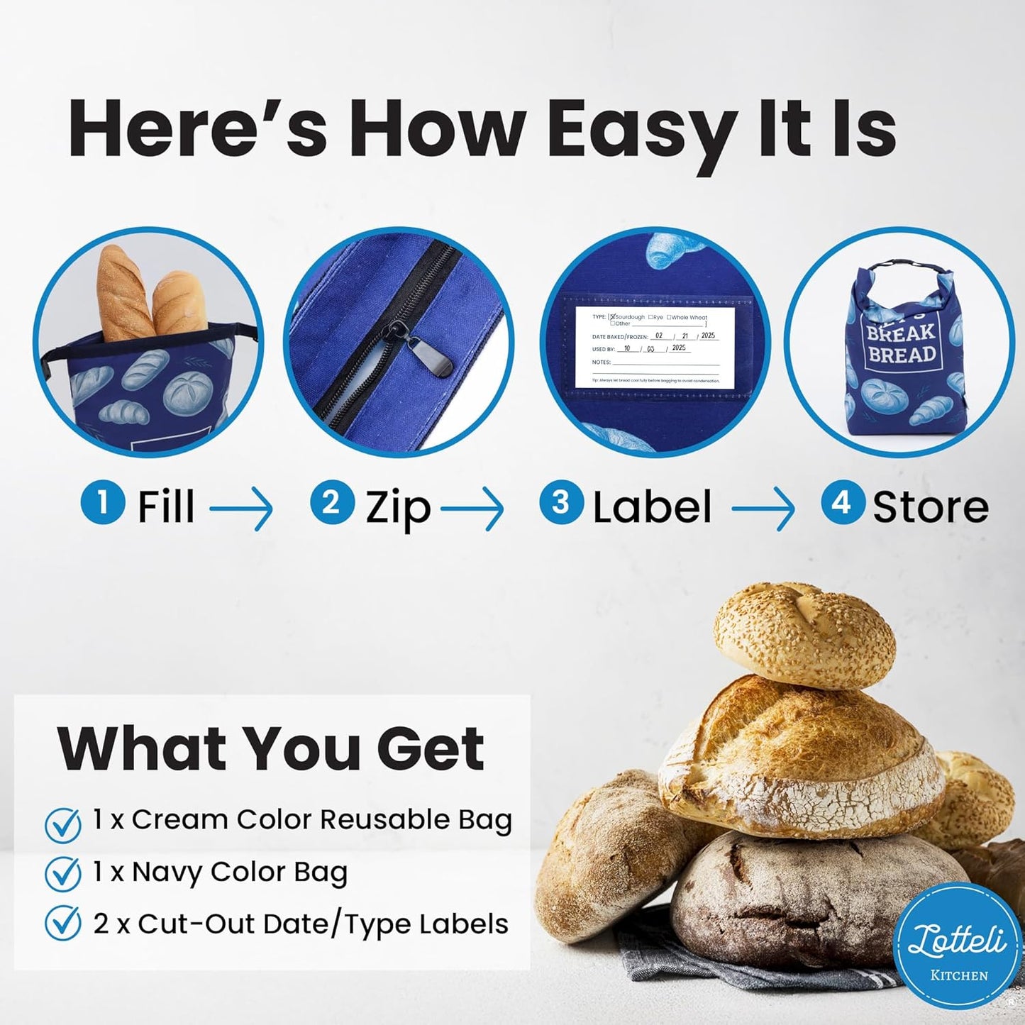 LOTTELI Reusable Bread Bags for Homemade Loaves – 2 Pack Cloth Sourdough Bread Bags - Freezer Storage with Zipper, Buckle & Date-Label Pocket - Eco-Friendly & Washable