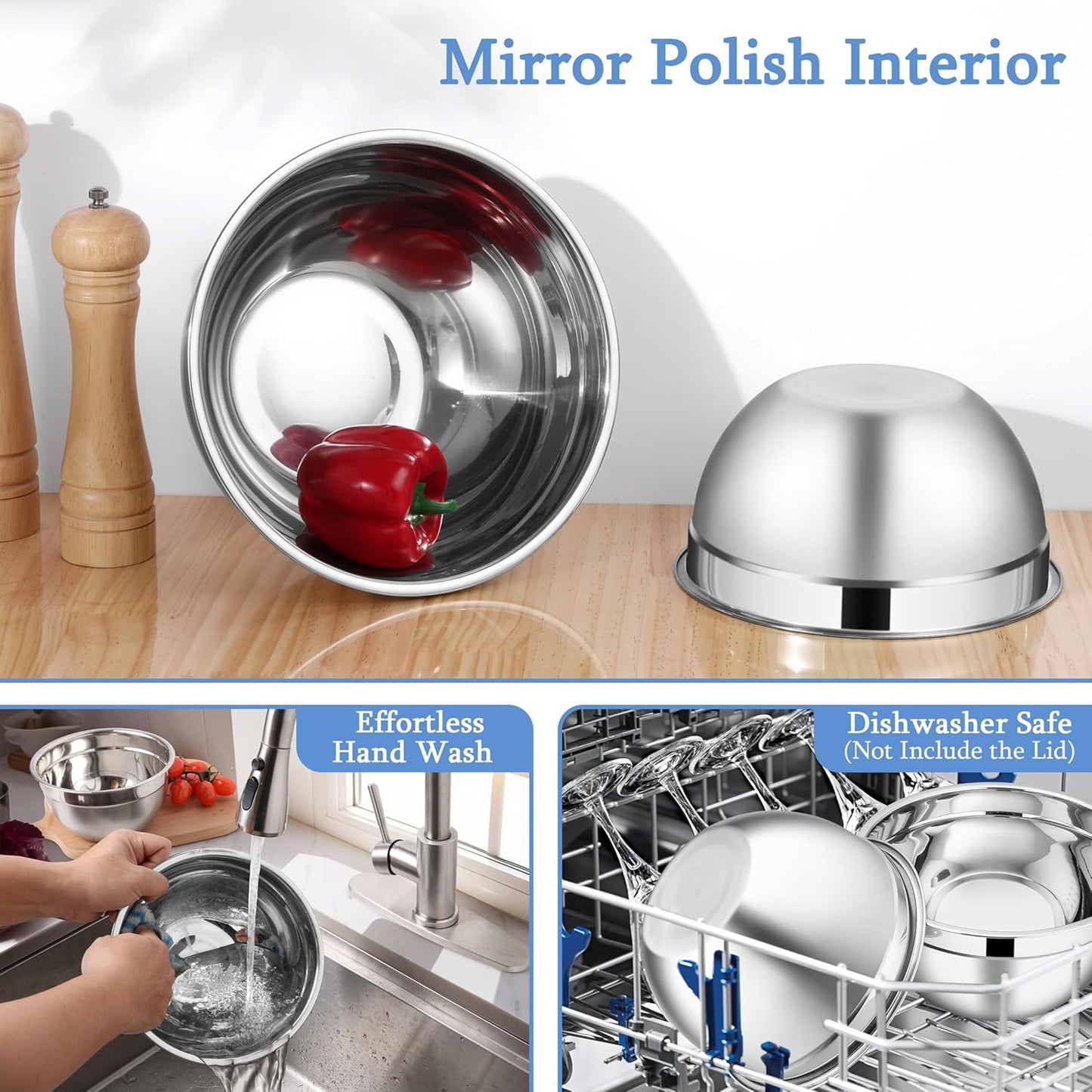 LIANYU Mixing Bowls Sets of 3, Stainless Steel Metal Nesting Mixing Bowl Sets for Kitchen, Large and Small Size 4.6 & 3 & 1.5QT, Include Transparent & Airtight Lids, Dishwasher & Freezer Safe, Black