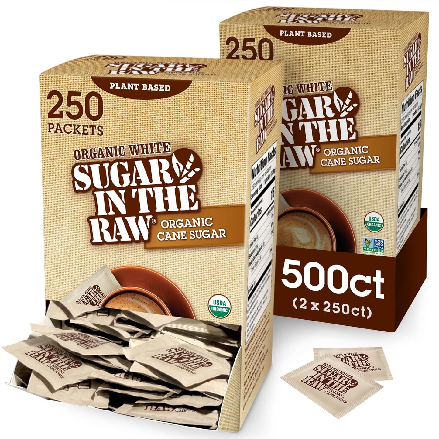 Sugar In The Raw Organic Granulated White Premium Cane Sugar, No Added Flavors or erythritol, Pure Natural Sweetener, Hot & Cold Drinks, Coffee, Tea, Vegan, Gluten-Free, Non-GMO, Bulk Sugar, 250 ct packets (2-Pack)