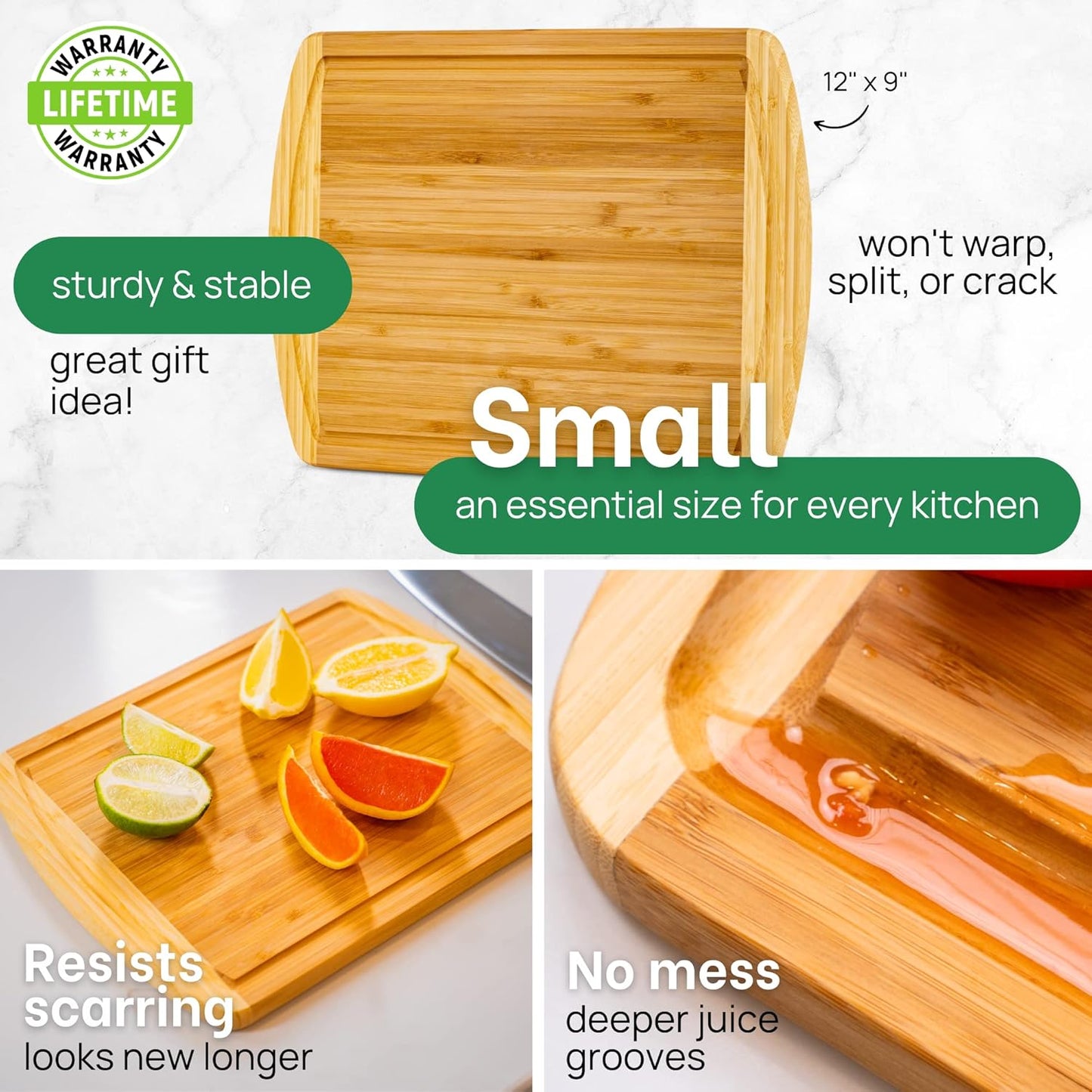 GREENER CHEF 12 Inch Small Bamboo Cutting Board with Lifetime Replacements - Small Wooden Chopping Board for Kitchen, Meat, Vegetables, Cheese, Bread, Charcuterie, and Everyday Food Prep