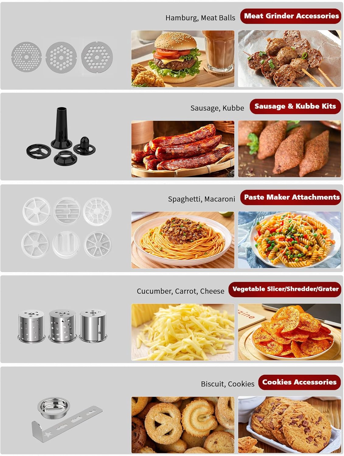 Vospeed 9 IN 1 Stand Mixer, 850W Tilt-Head Multifunctional Electric Mixer with 8 QT Stainless Steel Bowl, 1.5L Glass Jar, Meat Grinder, Hook, Whisk, Beater Dishwasher Safe (Red)