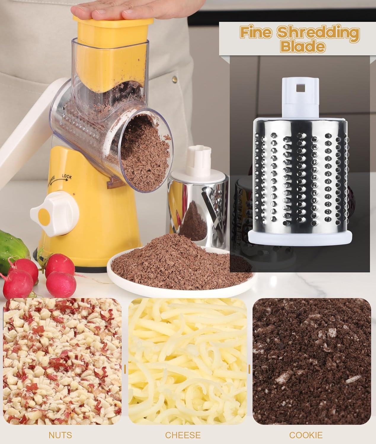Ourokhome Rotary Cheese Grater Hand Crank, Kitchen Shredder Speed Mandolin Slicer Nut Grinder with Handle and Drum Blades for Cheese, Vegetable, Walnut, Chocolate, Potato, Carrot, 3 Blades, Yellow