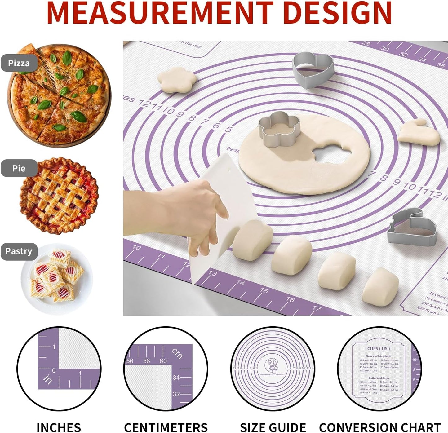 Non Stick Pastry Mat,Extra Large Silicone Baking Mat with Measurement, Food Grade Dough Rolling Mat for Making Cookies Macarons Bread Pie Crust, Easy to Clean& Multi-Purpose