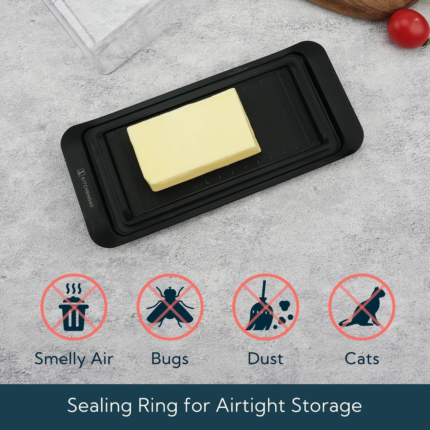 KITCHENDAO Airtight Butter Dish with Lid for Countertop and Fridge, Dishwasher Safe, BPA Free Wide Plastic Butter Keeper for 2 Sticks East Coast/West Coast/European Style/Kerrygold Butter, Black