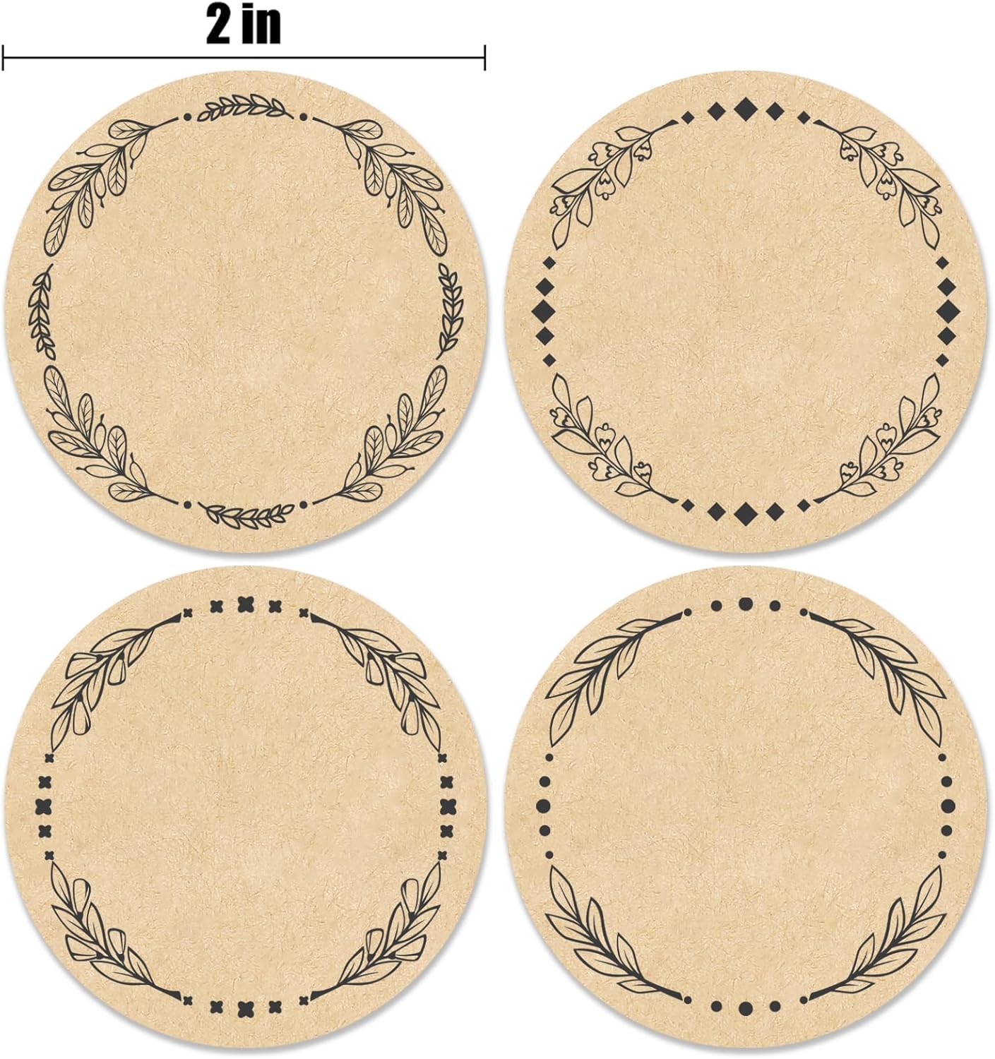 500pcs 2" Label Stickers for Jars and Lids, 4 Different Wreath Designs, Kraft Sticker Labels for Pantry, Mason Jars, Canning, Bottles